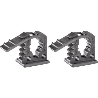 Deux supports en plastique gris à surface striée, utilisés comme clips pour fixer des tuyaux ou des câbles.
