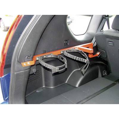 Support orange pour extincteur de sécurité dans le coffre d'un véhicule, équipé de deux sangles de fixation noires.