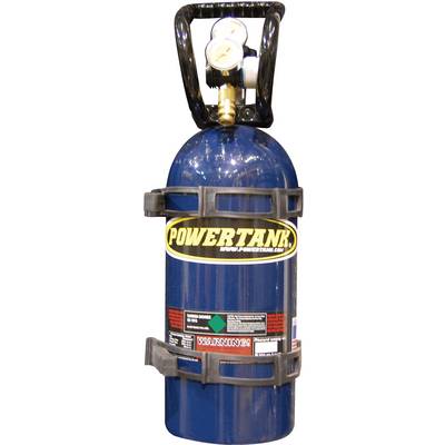 Un cylindre de gaz comprimé bleu avec une poignée noire et un manomètre. Inscription : « POWERTANK ». Avertissements en bas.