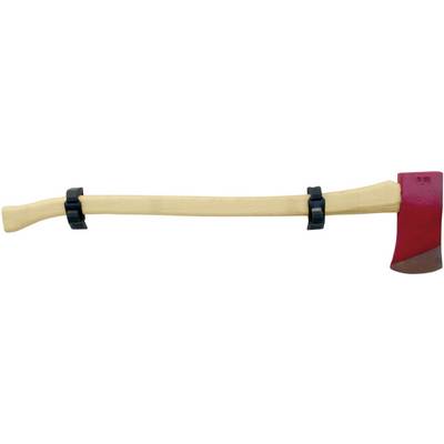 Une hache avec un manche en bois et une lame rouge, montée avec deux supports noirs.