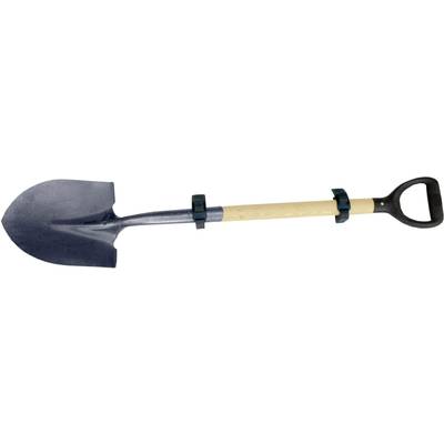 Pelle avec lame en métal et manche en bois, munie d'une poignée en forme de D à une extrémité. Adaptée aux travaux de jardinage et de terrassement.