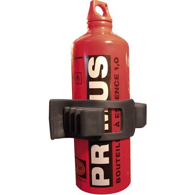 Bouteille métallique rouge avec logo 'PRIMUS' pour le stockage de combustible, sécurisée par une sangle noire. Adaptée pour le camping ou les activités de plein air.