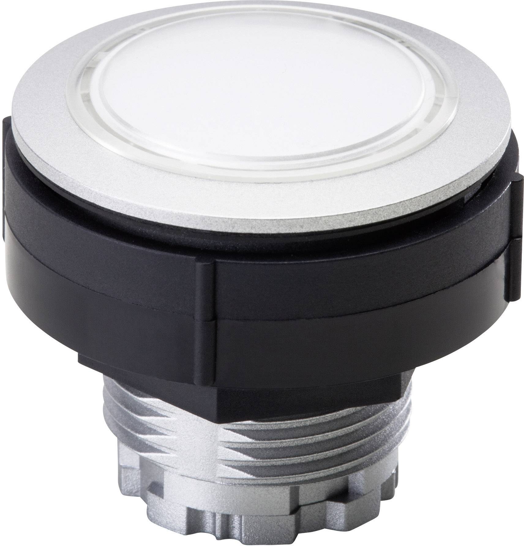 Bouton rond en argent avec un bord noir. Probablement une partie d'un dispositif de commande industriel ou d'un interrupteur.