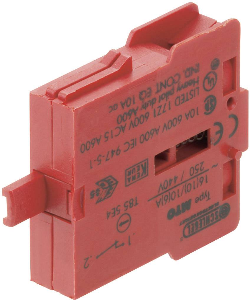 Commutateur électrique rouge avec spécifications techniques, marquage CE et numéro de modèle imprimés. Boîtier en plastique.