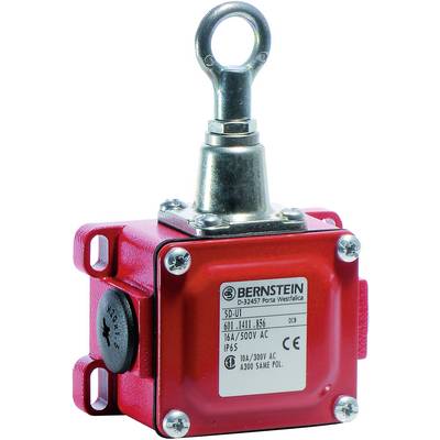 Interrupteur de sécurité rouge à levier basculant. Marquage 'BERNSTEIN', valeurs nominales : 16A/500V AC, indice de protection IP65, numéro de modèle SD-U1.