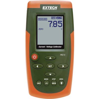 Un calibrateur portable de courant et de tension avec un affichage indiquant 'MEASURE 7.85 V'. Touches de réglage et de fonction.