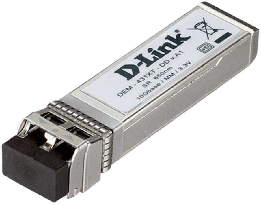 Un module SFP D-Link argenté, modèle DEM-431XT-DD, pour connexions à fibre optique ; prend en charge 1000Base-SX sur 550m à 850nm.