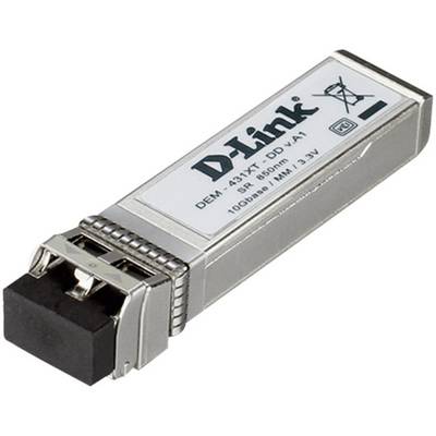 Un module SFP D-Link argenté, modèle DEM-431XT-DD, pour connexions à fibre optique ; prend en charge 1000Base-SX sur 550m à 850nm.