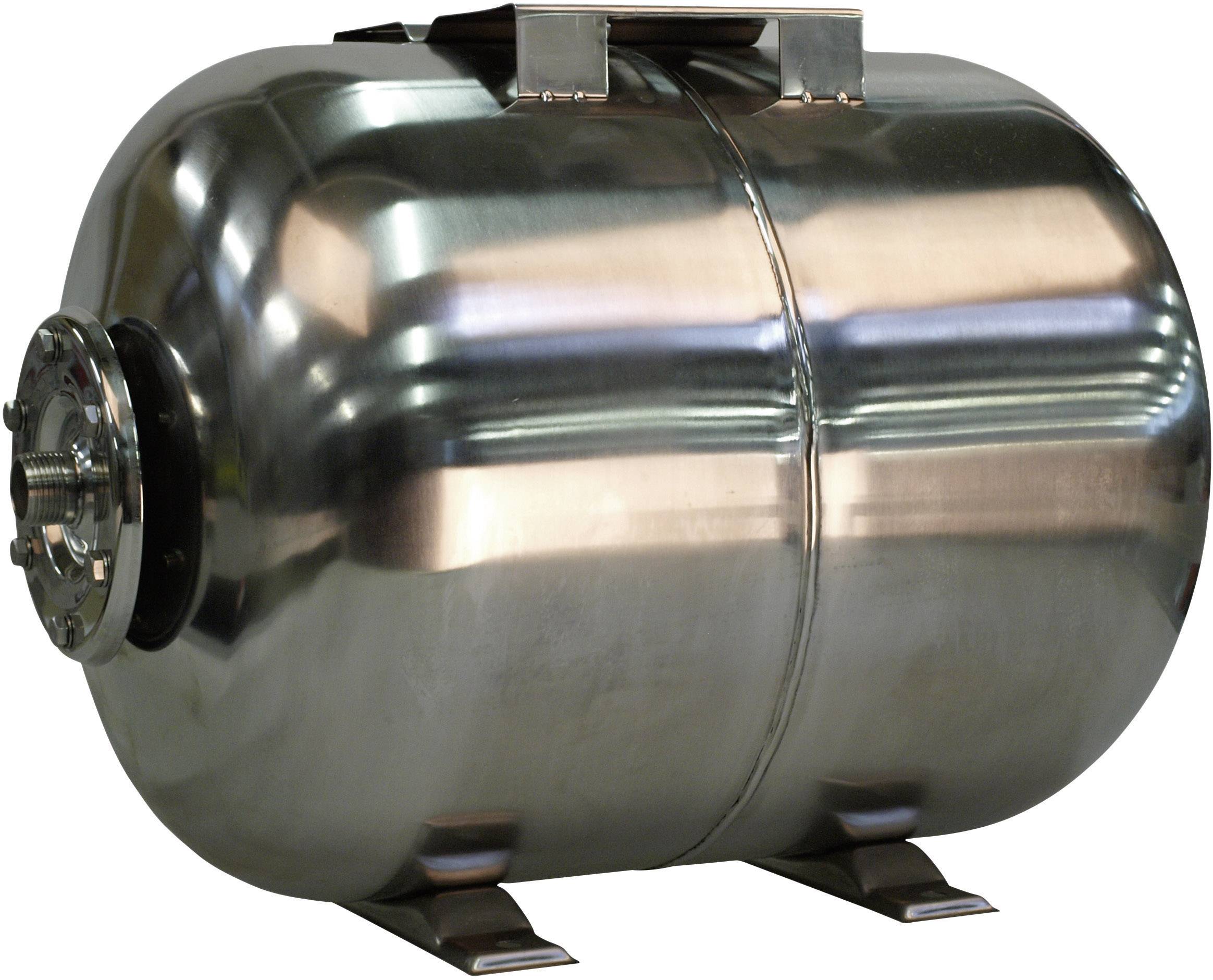 Un réservoir cylindrique en métal brillant, équipé d'une vanne latérale et de supports, utilisé pour le stockage de liquides ou de gaz.