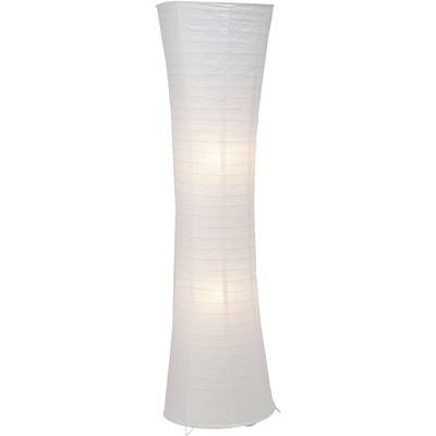 Lampe de papier blanche sur pied, à la forme cylindrique, diffusant une lumière douce et diffuse, parfaite pour créer une ambiance chaleureuse dans les espaces intérieurs.