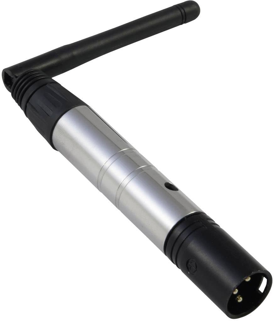 Un microphone sans fil argenté avec connecteur XLR et antenne noire coudée, utilisé pour la transmission audio sans fil.