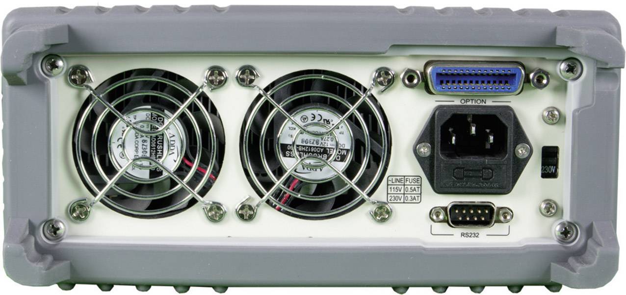 L'image montre l'arrière d'un appareil électronique avec deux ventilateurs, une prise d'alimentation et plusieurs ports de connexion.
