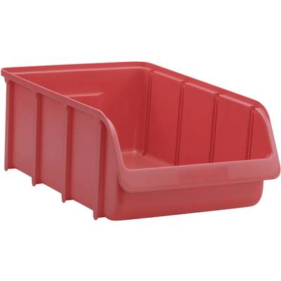 Boîte en plastique rouge, rectangulaire, ouverte sur l'avant, utilisée pour le rangement ou l'organisation d'objets.