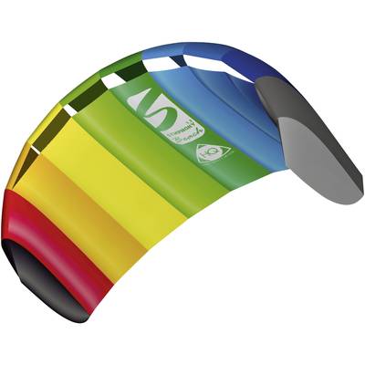 Un cerf-volant coloré avec des rayures rouges, jaunes, vertes et bleues. Des logos et du texte sont visibles sur le cerf-volant.