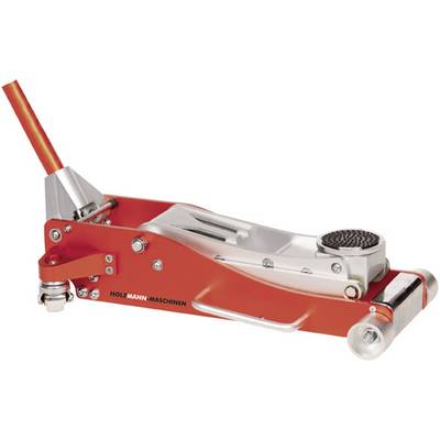 Cric hydraulique rouge de Holzmann-Maschinen, adapté pour soulever des véhicules, avec un levier de couleur argent et une surface d'appui noire.