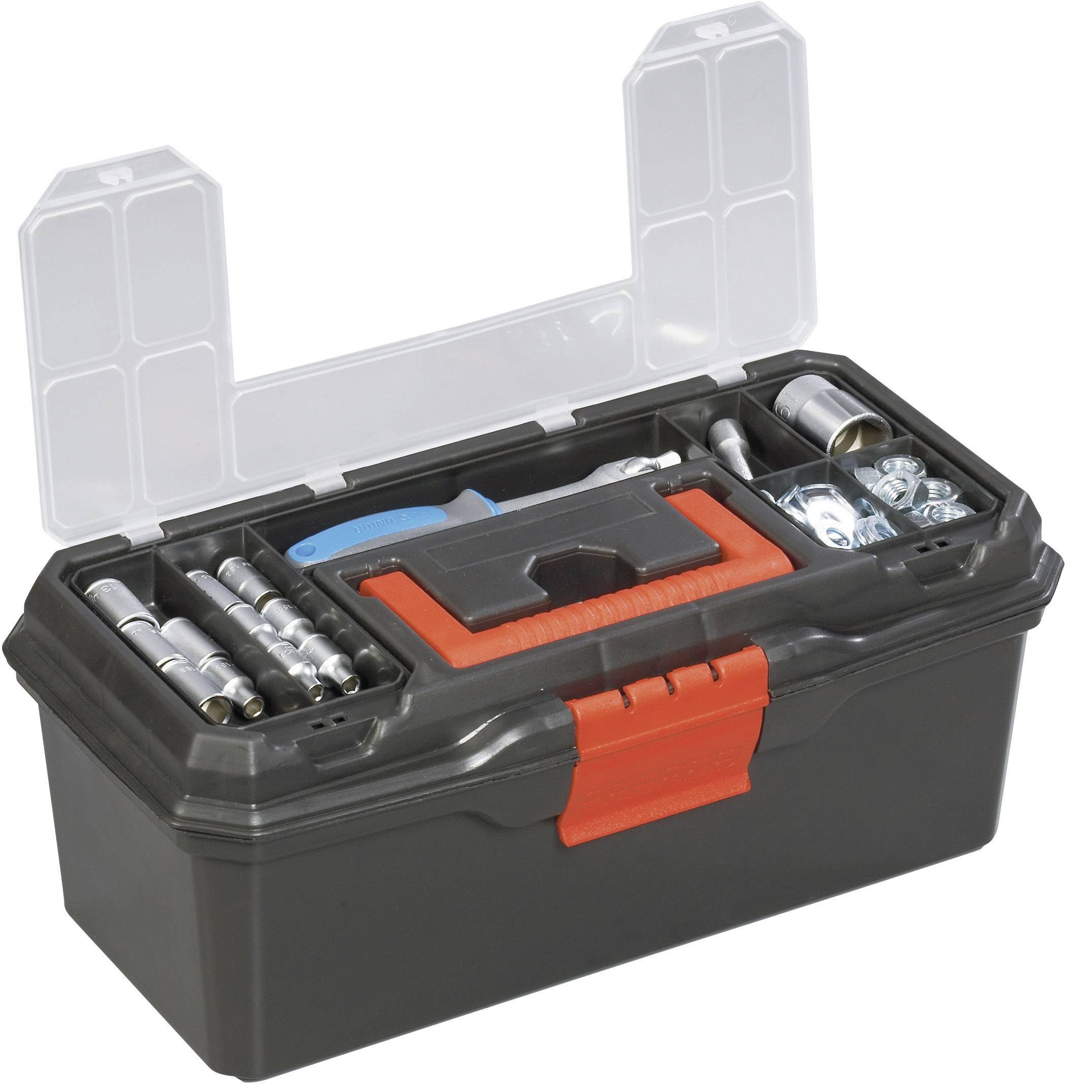 Une boîte à outils ouverte contenant divers outils et accessoires, dont des clés, des vis et des écrous.