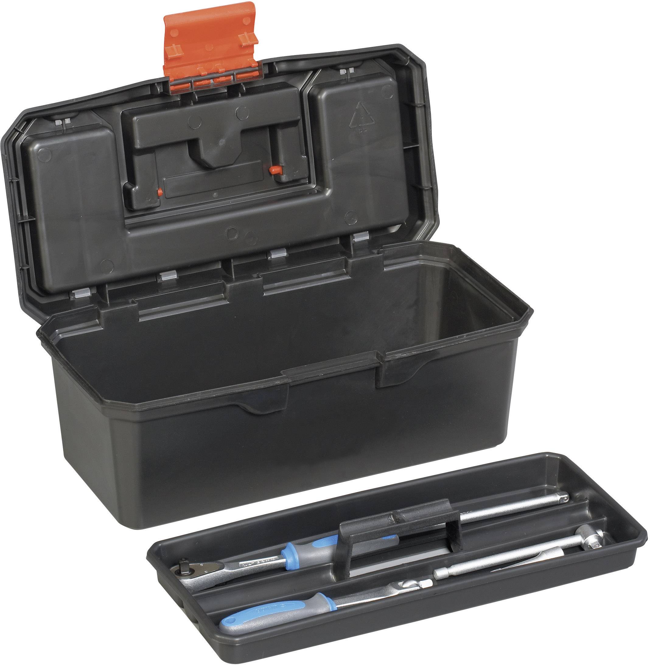 Une boîte à outils noire ouverte avec un compartiment supérieur amovible. Dans le compartiment se trouvent deux clés à molette.