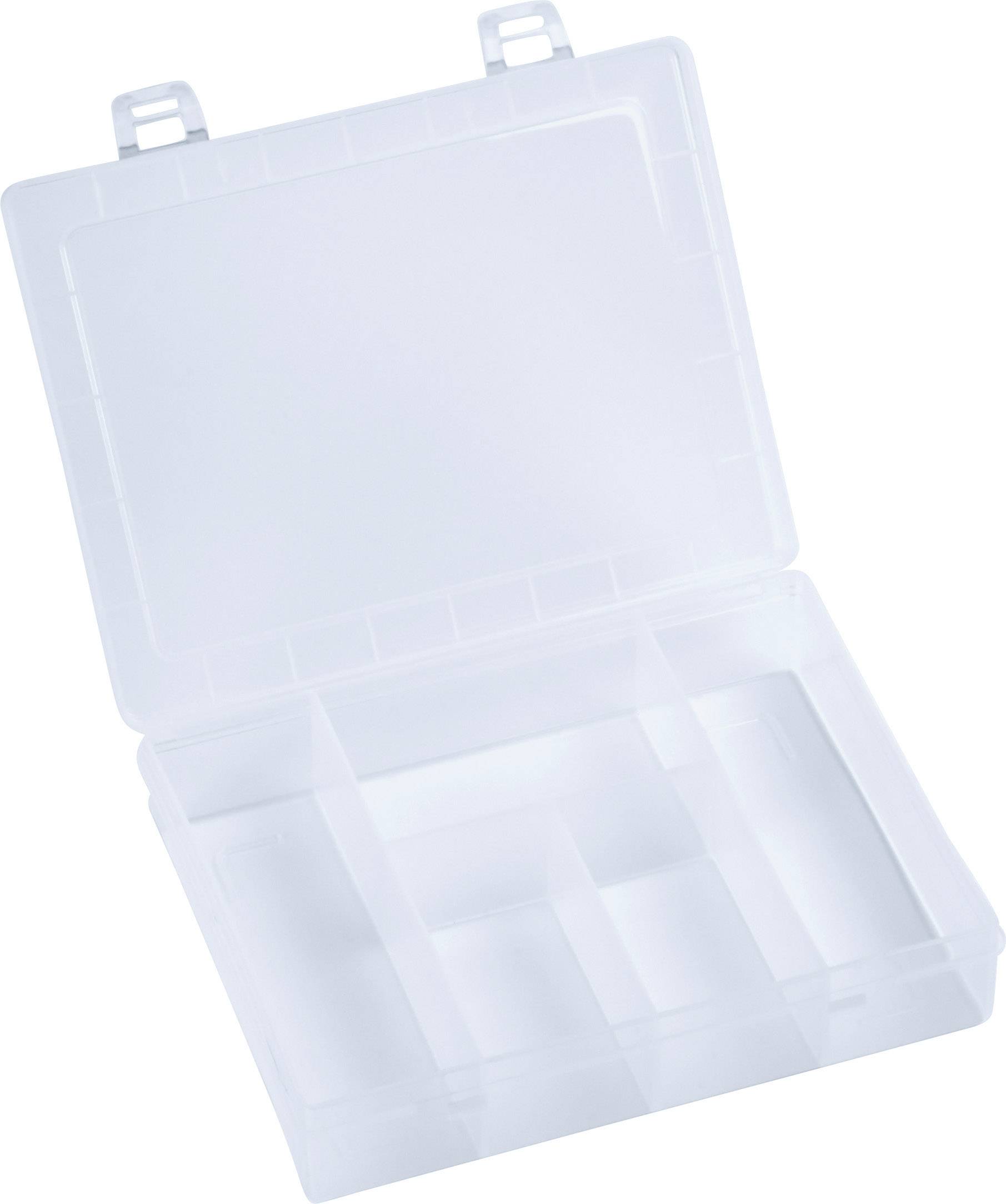 Boîte de rangement transparente en plastique avec plusieurs compartiments pour organiser de petits objets.