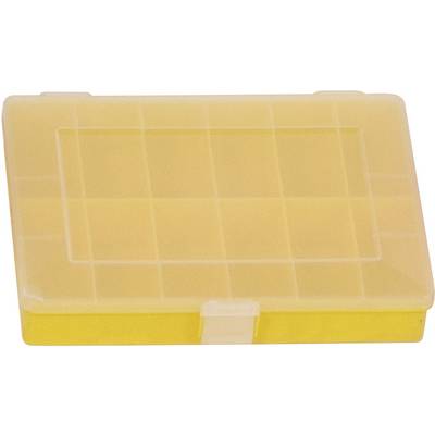 Boîte de rangement en plastique jaune avec couvercle transparent et plusieurs petits compartiments pour organiser les petits objets.