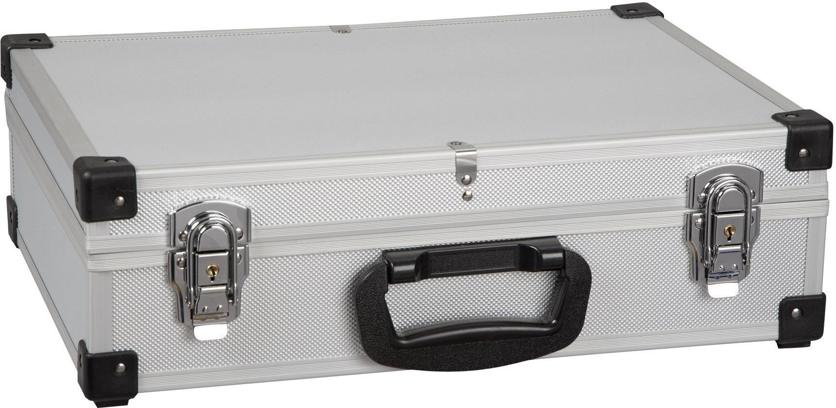 Un coffret en métal argenté avec une poignée noire et deux fermetures. Idéal pour le rangement sécurisé de documents ou d'objets de valeur.