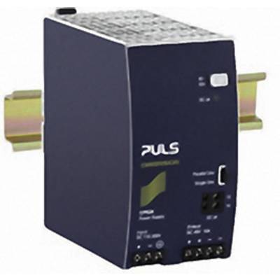 Un composant de réseau industriel bleu de Puls, monté sur rail DIN, adapté aux applications électriques, avec plusieurs possibilités de connexion.