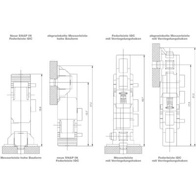 Dessin technique de quatre connecteurs en profil : nouvelle barrette à ressort IDC à encliquetage, barrette à lames coudée, barrette à ressort IDC avec crochet de verrouillage. Les dimensions et les structures sont représentées de manière détaillée.
