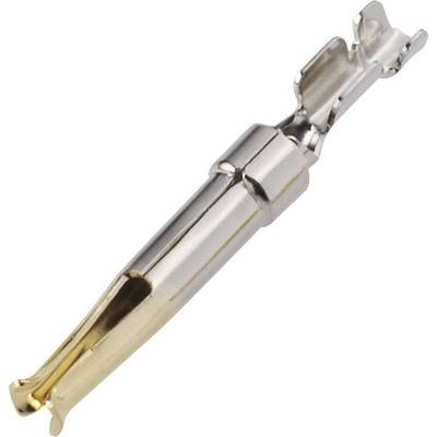 Un contact métallique pour composant électronique, de couleur argent avec un embout doré, sur un fond blanc. Adapté pour les connexions enfichables.