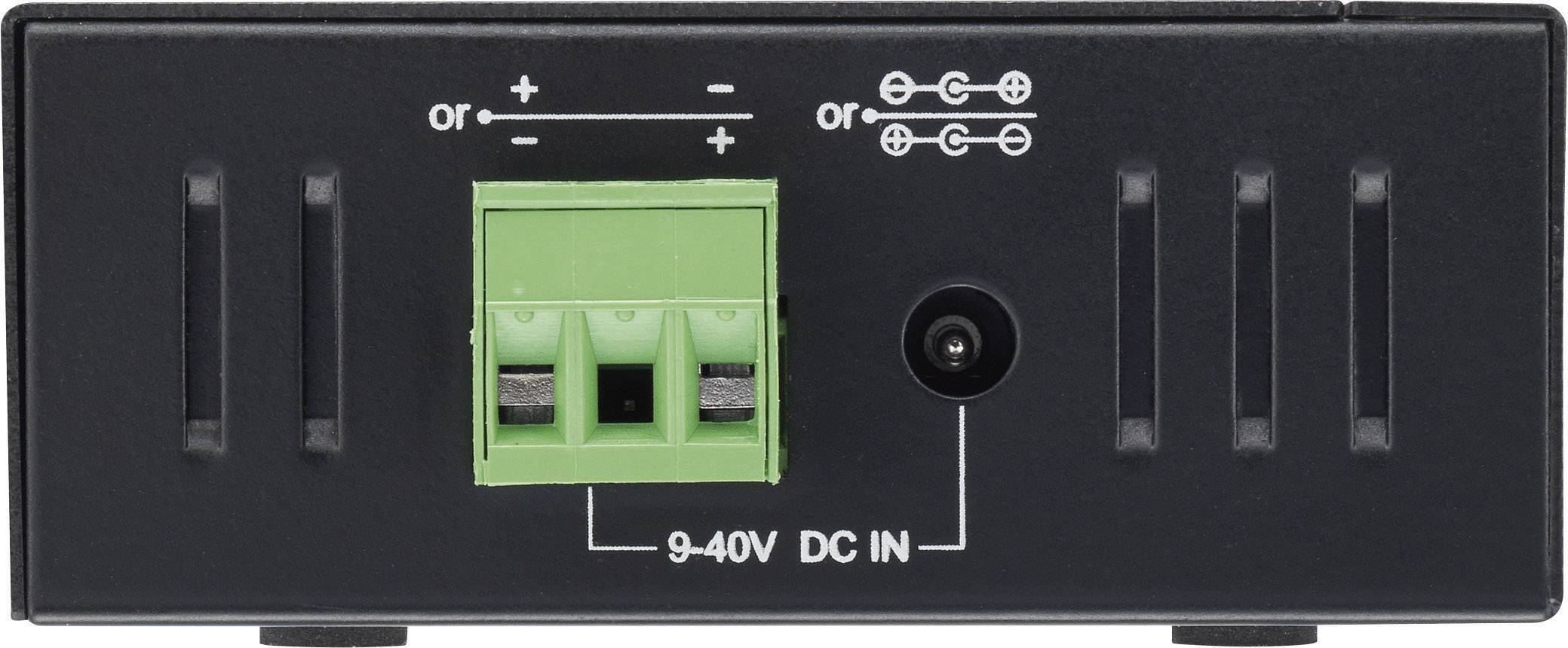 Appareil noir avec bornier vert, étiqueté '9-40V DC IN'. Symboles en haut représentant différents types de connexions.