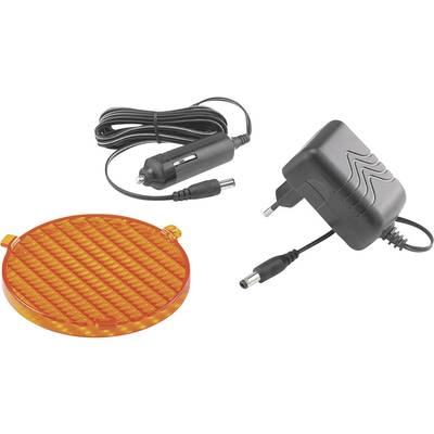 Un élément chauffant rouge avec un adaptateur automobile 12 volts et un adaptateur secteur avec prise européenne.