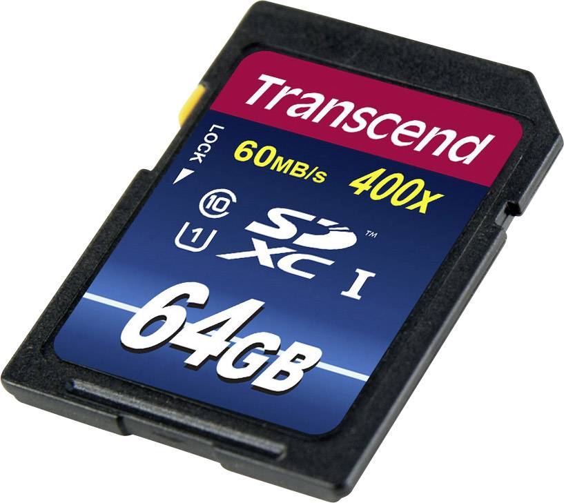 Une carte SD Transcend de 64 Go, UHS-I, vitesse 400x, avec une vitesse de transfert de 60 Mo/s.