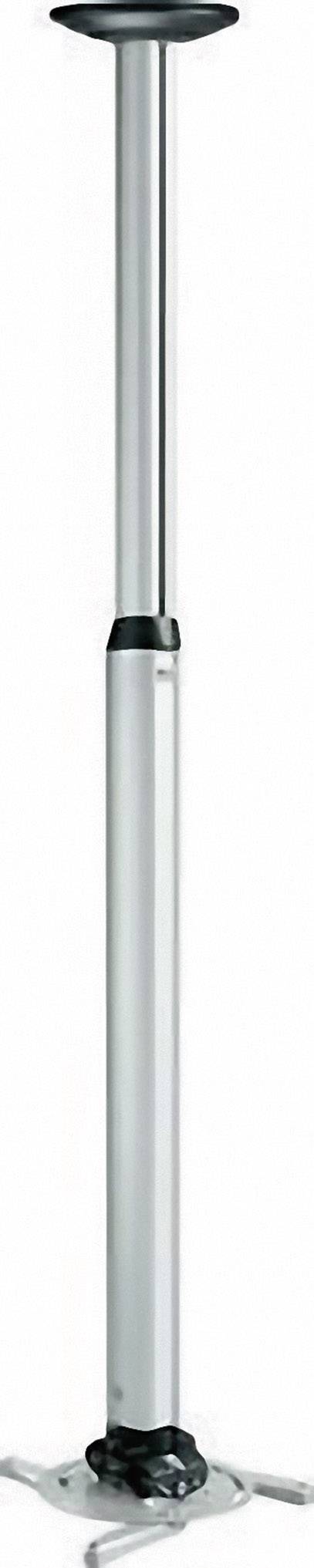 Lampadaire avec une tige métallique argentée fine et réglable, et une base ronde noire.