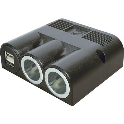 Un adaptateur noir pour voiture doté de deux prises allume-cigare et de deux ports USB pour alimenter des appareils électroniques.