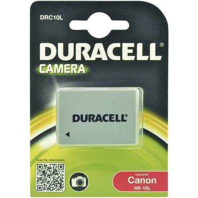 Un emballage de batterie de caméra Duracell avec le numéro de modèle DRC10L, compatible avec Canon NB-10L. Contient un code QR et un symbole de caméra.