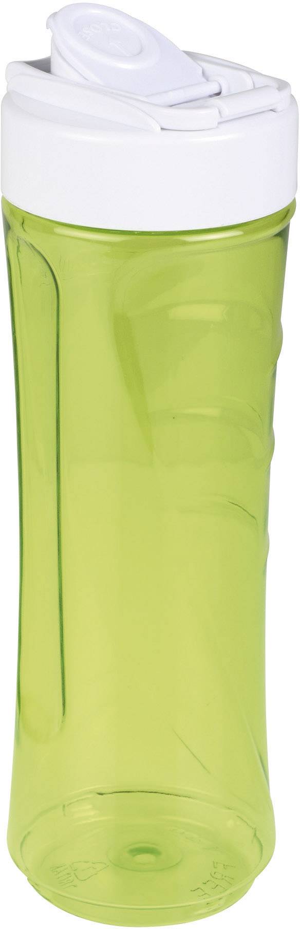 Bouteille d'eau en plastique vert avec un bouchon blanc à rabat, debout.