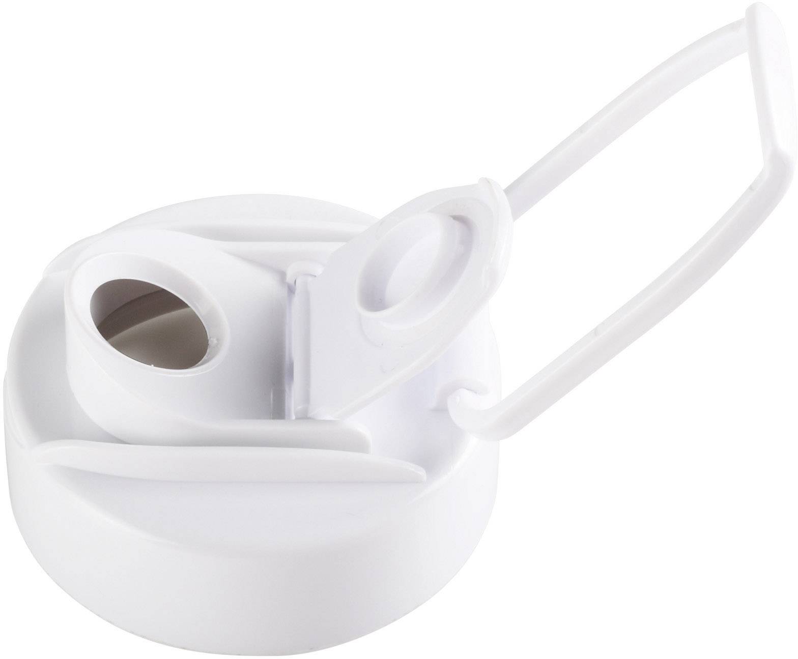 Bouteille blanche, ronde, avec couvercle rabattable et ouverture pour boire, idéale pour les déplacements.