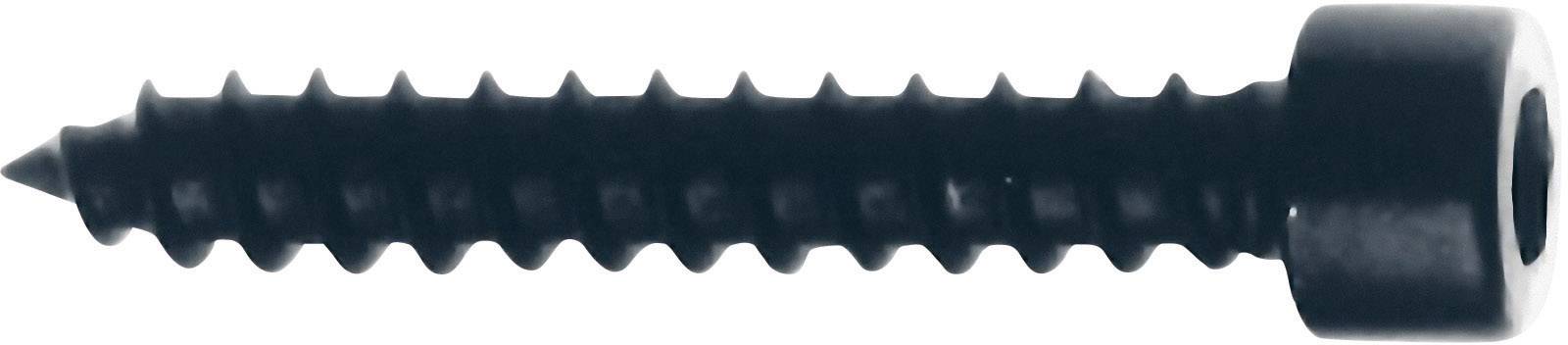 Vis à tête hexagonale en métal noir avec une extrémité pointue, sur fond blanc. Adaptée pour les assemblages de bois ou de métal.