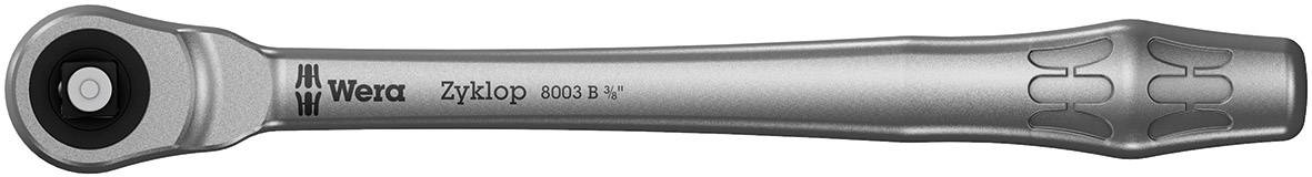 Cliquet avec inscription 'Wera Zyklop'. Design d'outil fonctionnel, boîtier argenté, poignée ergonomique pour une utilisation facile.