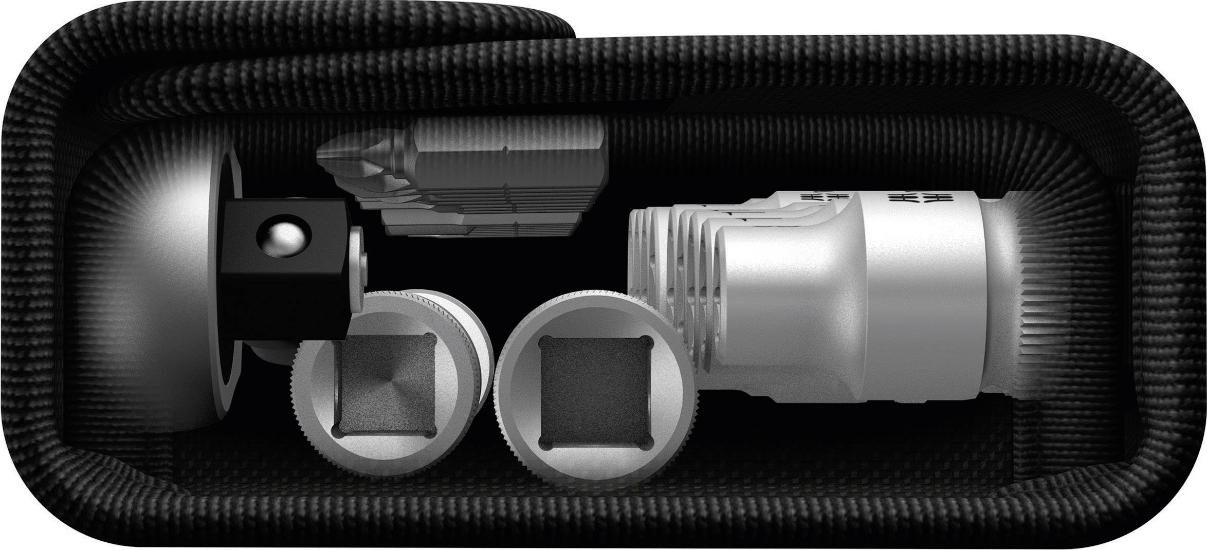 Un ensemble d'outils compact dans un sac noir. Comprend un décapsuleur, des écrous à douille et une lampe de poche. Idéal pour les déplacements.