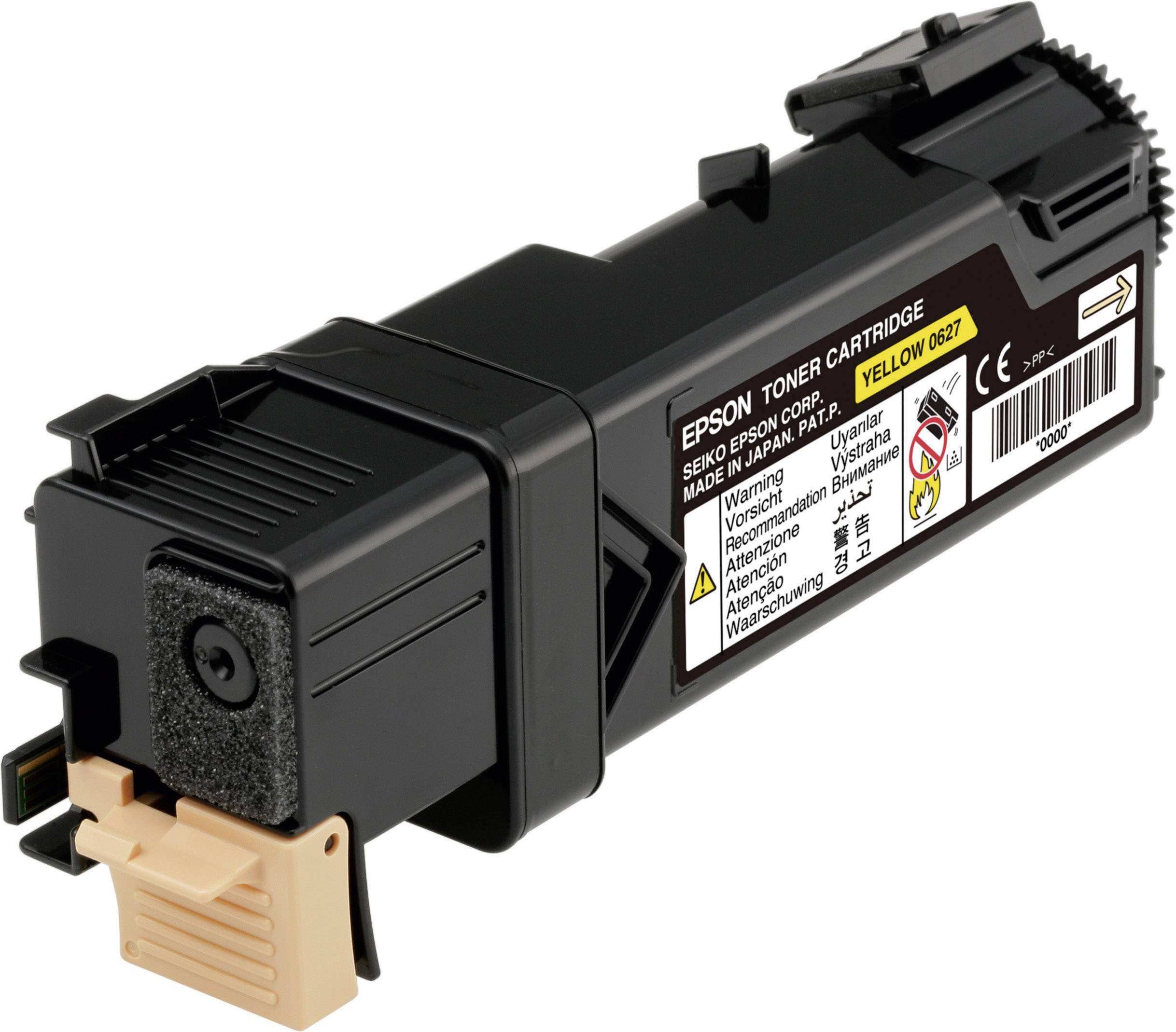 Cartouche de toner noir Epson, modèle 'Yellow 0627', avec capuchon de fermeture jaune et avertissements sur l'étiquette.