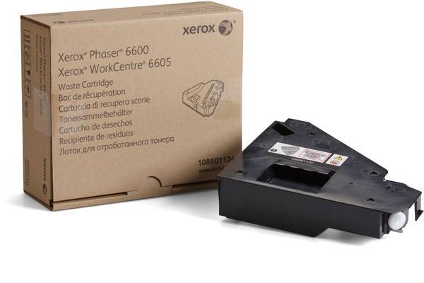 Une cartouche de déchets Xerox en noir à côté de l'emballage portant l'inscription 'Xerox Phaser 6600' et 'Xerox WorkCentre 6605'.