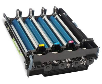 Image d'un ensemble de tambour et cartouches de toner avec quatre cartouches dans les couleurs cyan, magenta, jaune et noir.