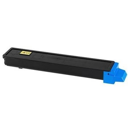 Un module de toner noir rectangulaire avec un connecteur bleu sur le côté droit et une étiquette jaune sur le dessus.