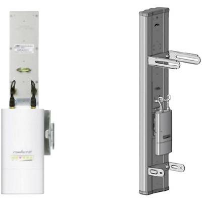 Support mural avec un appareil cylindrique blanc fixé par des pinces métalliques ; support de montage montré à côté.