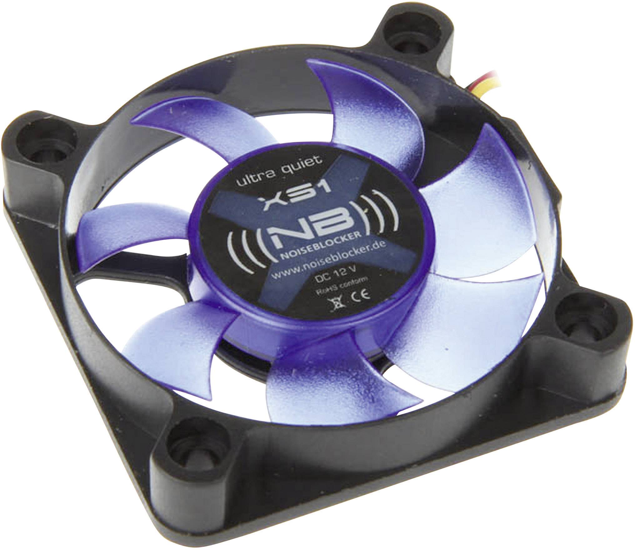 Ventilateur d'ordinateur 'Noiseblocker Ultra Quiet NB-XS1' avec des pales bleu-transparentes, un cadre noir et un connecteur de câble.