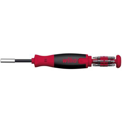 Un tournevis rouge et noir avec un magasin de bits intégré, visible sur le côté, capable de contenir plusieurs embouts.