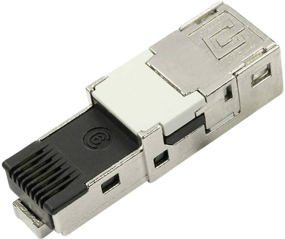 Un adaptateur RJ45 argenté avec des éléments noirs et blancs. Il est utilisé pour connecter des câbles réseau dans des appareils.