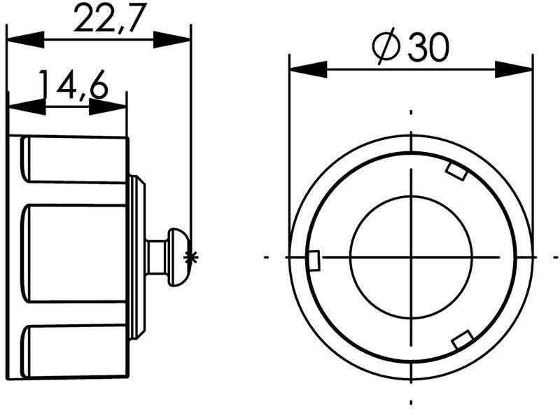 Dessin technique d'un bouton avec deux vues : côté avec des dimensions de 22,7 mm et 14,6 mm ; vue du dessus avec un diamètre de 30 mm.