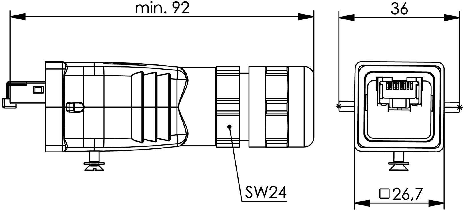 Dessin technique d'un connecteur en vue latérale et frontale. Dimensions : longueur minimale de 92 mm, largeur de 36 mm, largeur de clé de 24 mm.