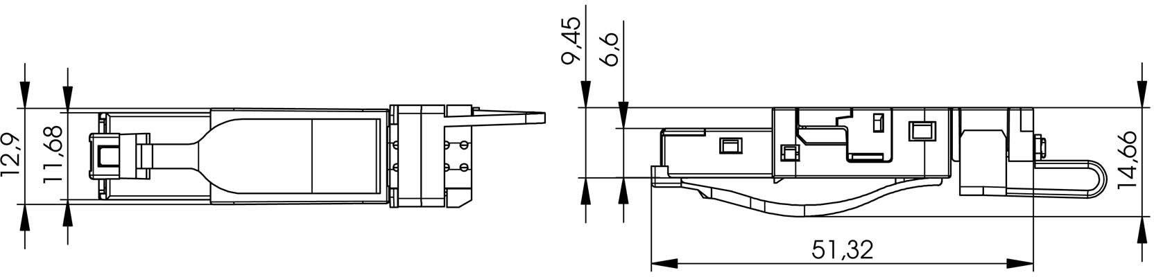 Dessin technique d'un petit connecteur. Dimensions : longueur 51,32 mm, largeur 12,68 mm, hauteur 9,45 mm et 6,6 mm.
