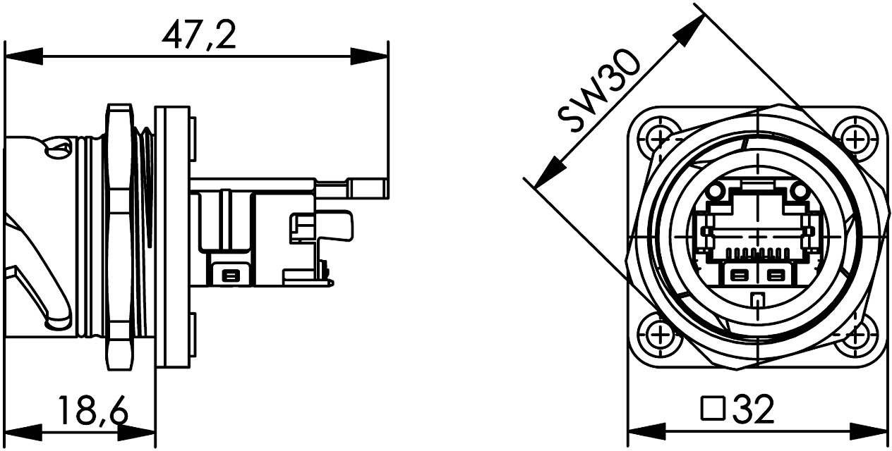 Dessin technique d'un connecteur électrique avec dimensions : 47,2 mm, 18,6 mm, SW30 et 32 mm. Vue latérale et vue de face.